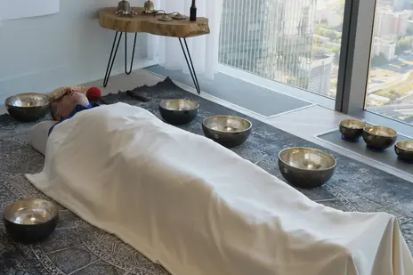 Sound Resonance Therapy: fourteen bowls placed around the body