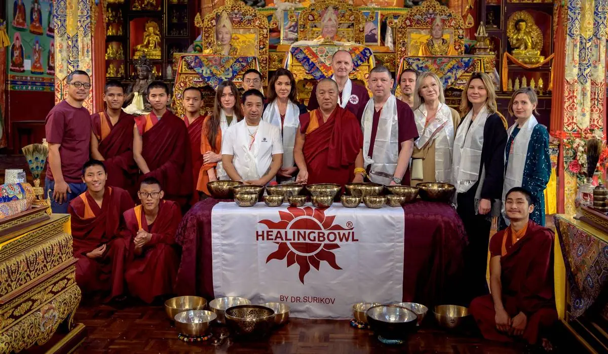 Dr. Surikov and the course group with the abbot and monks of Pema Tsal Sakya Monastic Institute